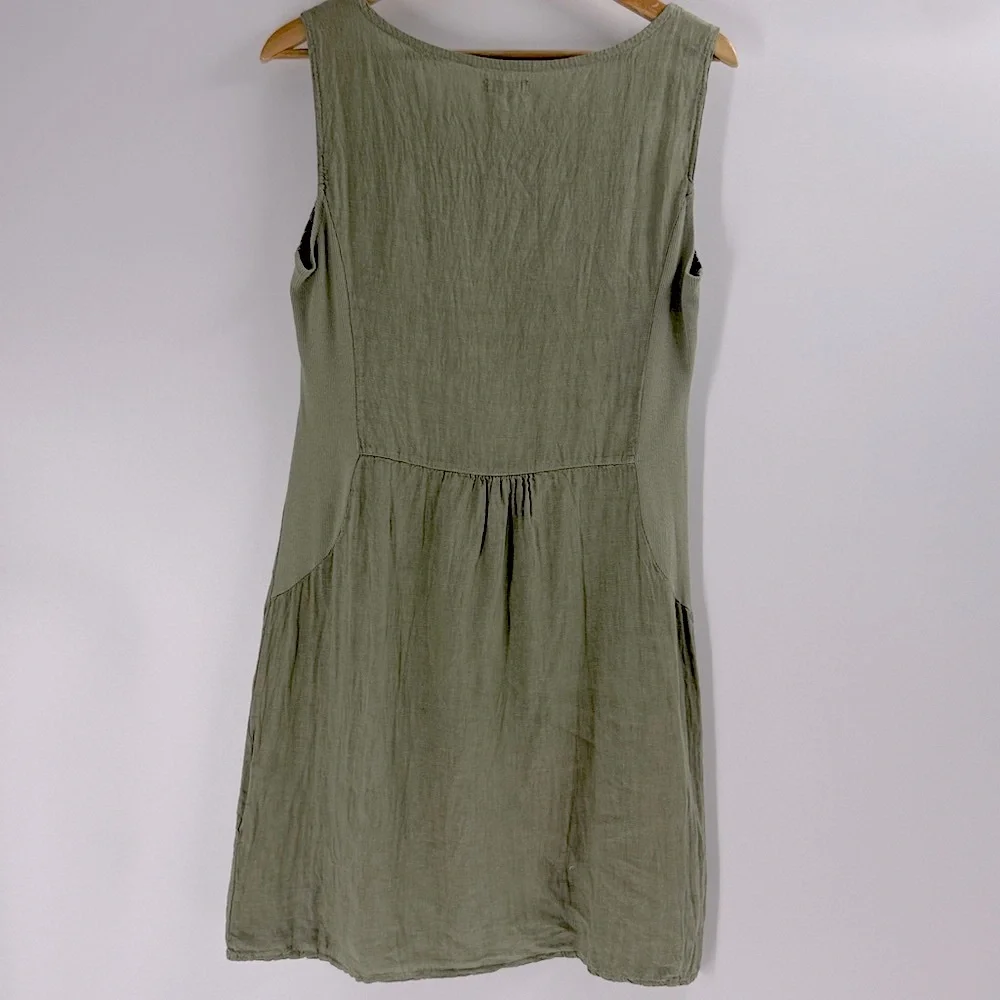 Lana Tomei Linen dress made in Italy sleeveless embroidered sage green classic